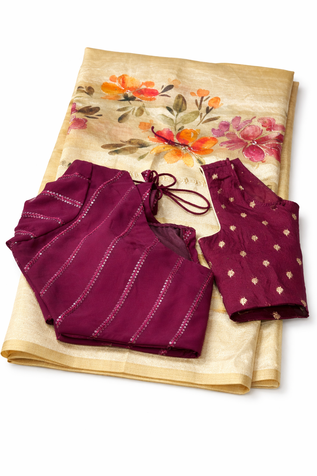 Golden Organza Saree with Floral Handwork