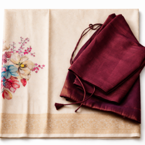 Ivory Banarasi Saree with Dark Redwine Tissue Blouse