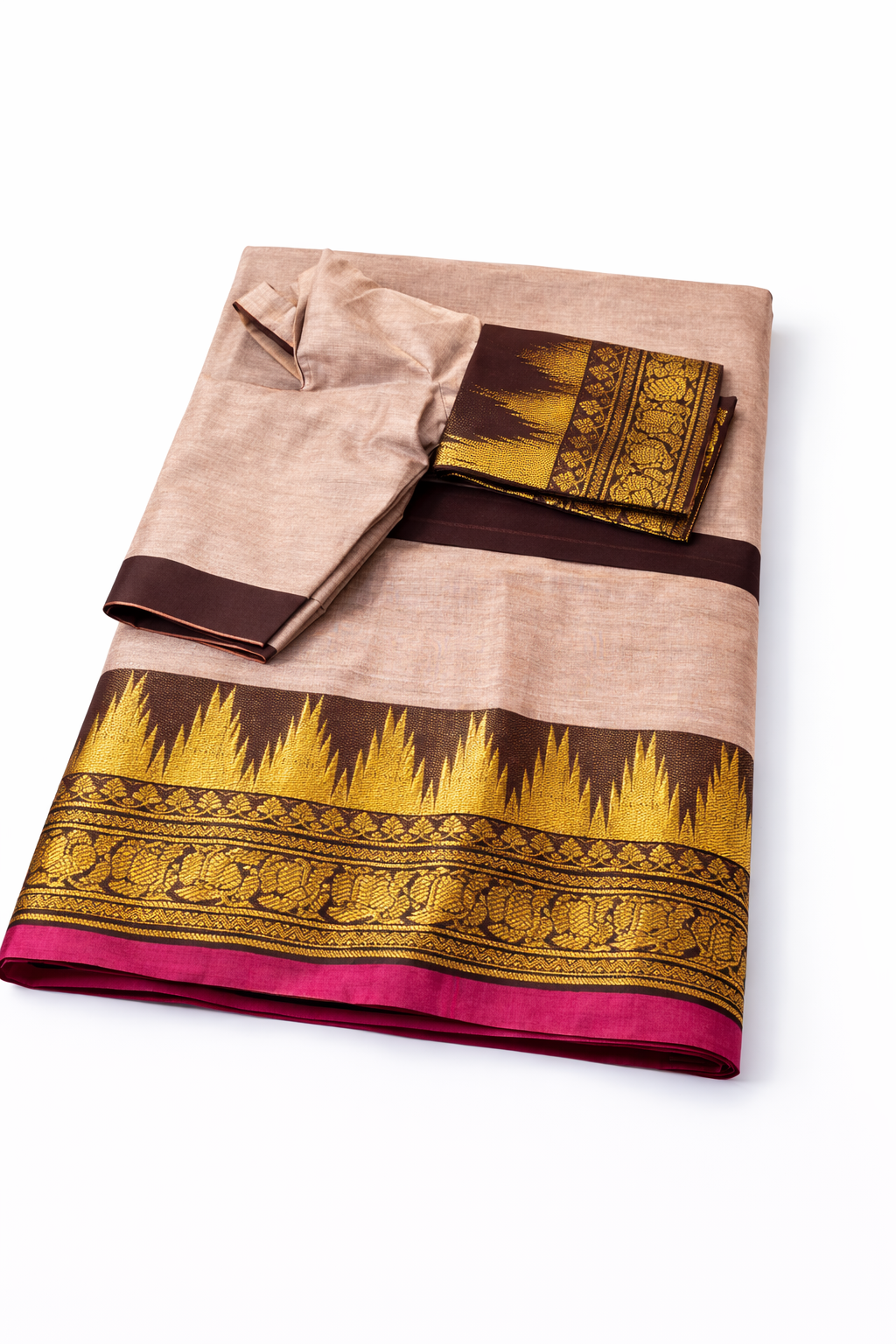 White Chettinad Cotton Saree with Temple golden motifs