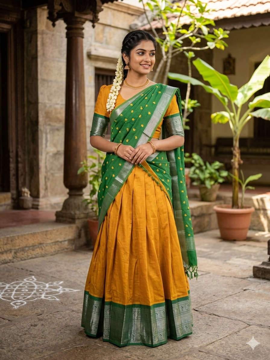 Mangalagiri Silk Dhavani Set-Mango Yellow & Green