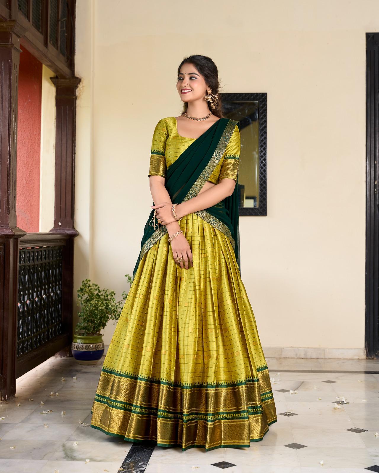 Cotton Silk Lehenga - Dark Bottle Green & Mehandi Green - Image 5