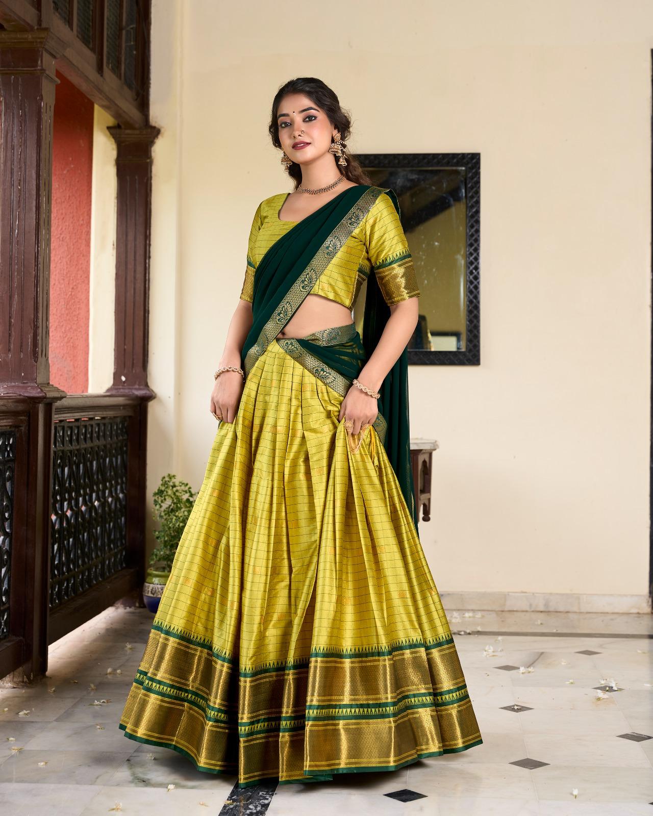 Cotton Silk Lehenga - Dark Bottle Green & Mehandi Green - Image 4