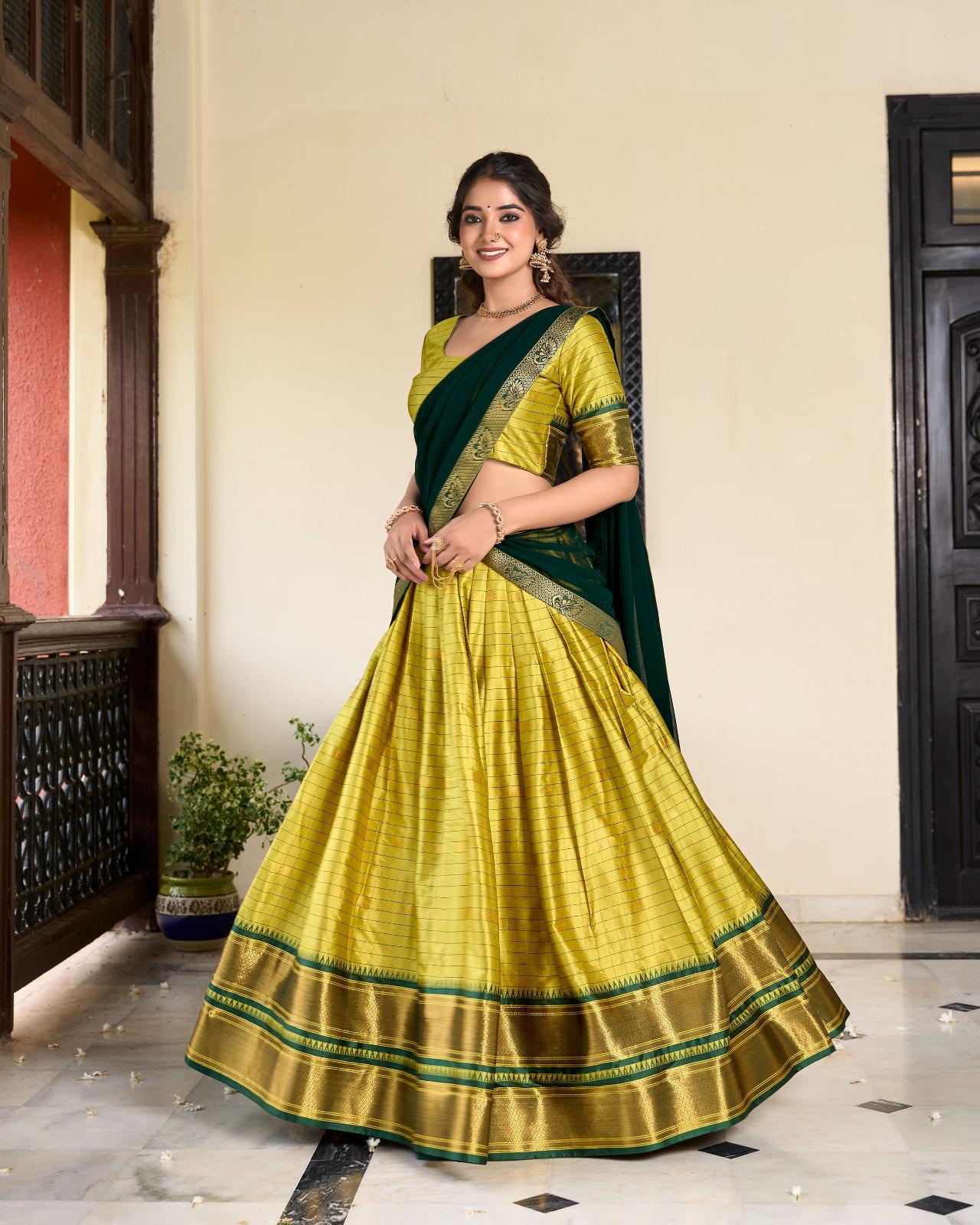 Cotton Silk Lehenga - Dark Bottle Green & Mehandi Green - Image 3