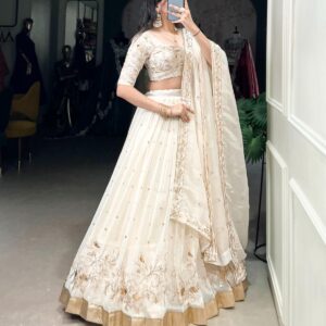 White with Gold Embroidery Dhavani Set