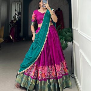 Teal Green and Fuschia Pink Dhavani Set