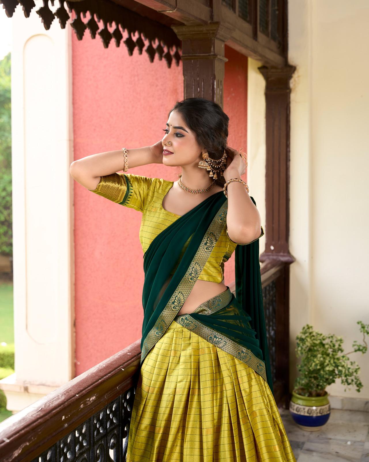 Cotton Silk Lehenga - Dark Bottle Green & Mehandi Green - Image 2