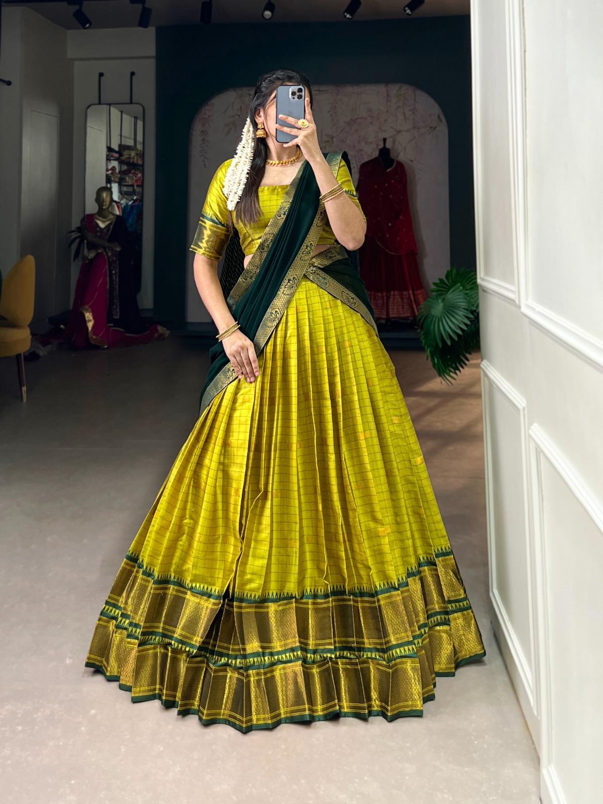 Cotton Silk Lehenga - Dark Bottle Green & Mehandi Green