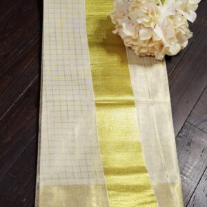 Golden Tissue Set Mundu- Checkered Pattern