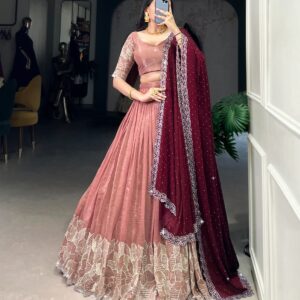 Salmon Pink and Maroon Dhavani Set