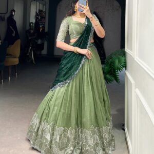 Dark Green and Sage Green Dhavani Set